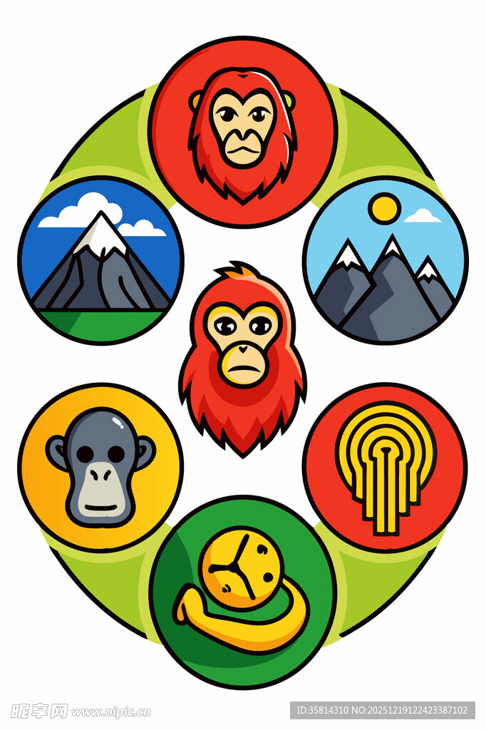 动物与自然元素圆形图标集