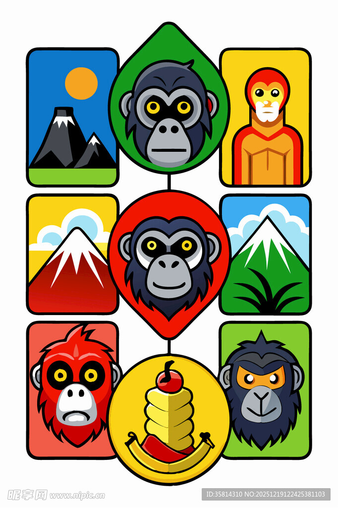 多样猴子形象与风景图标