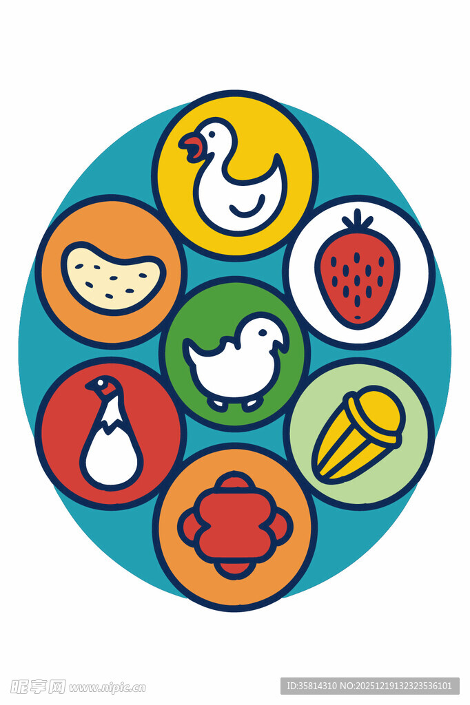 多彩圆形卡通食物图标集