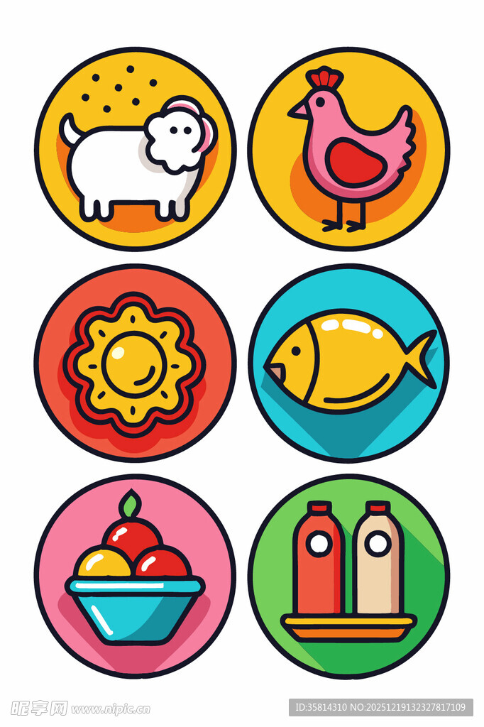 多彩动物与食物图标集合