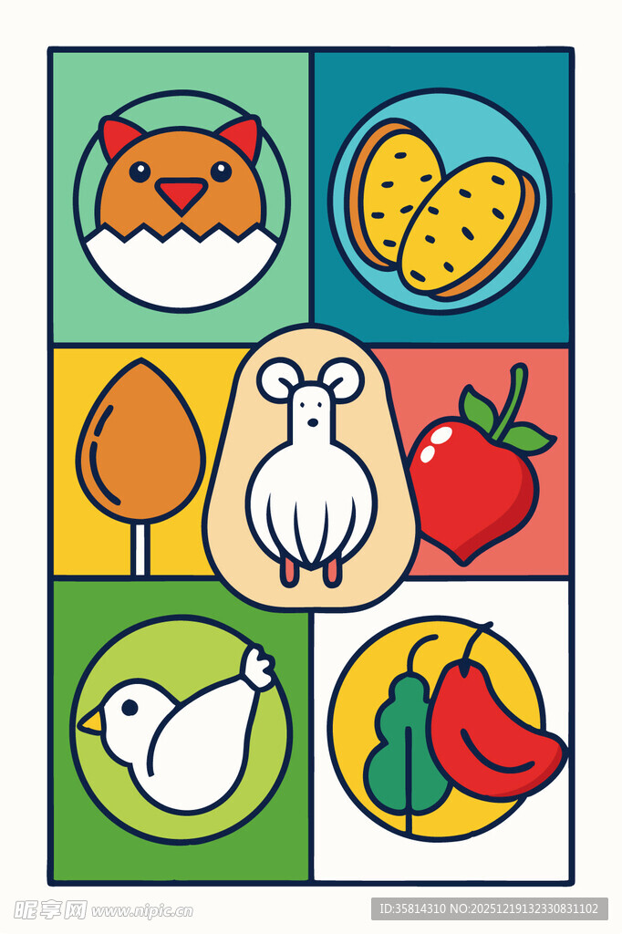 多彩食物与动物图标集合