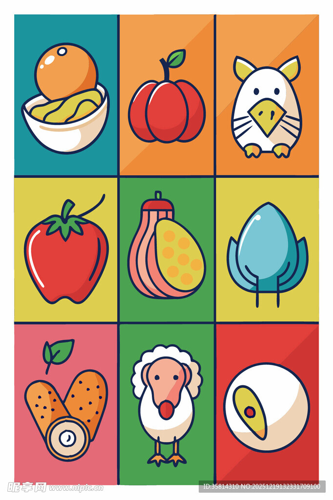 多彩卡通食物与动物图案