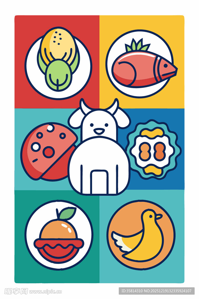 可爱动物与多彩食物图标