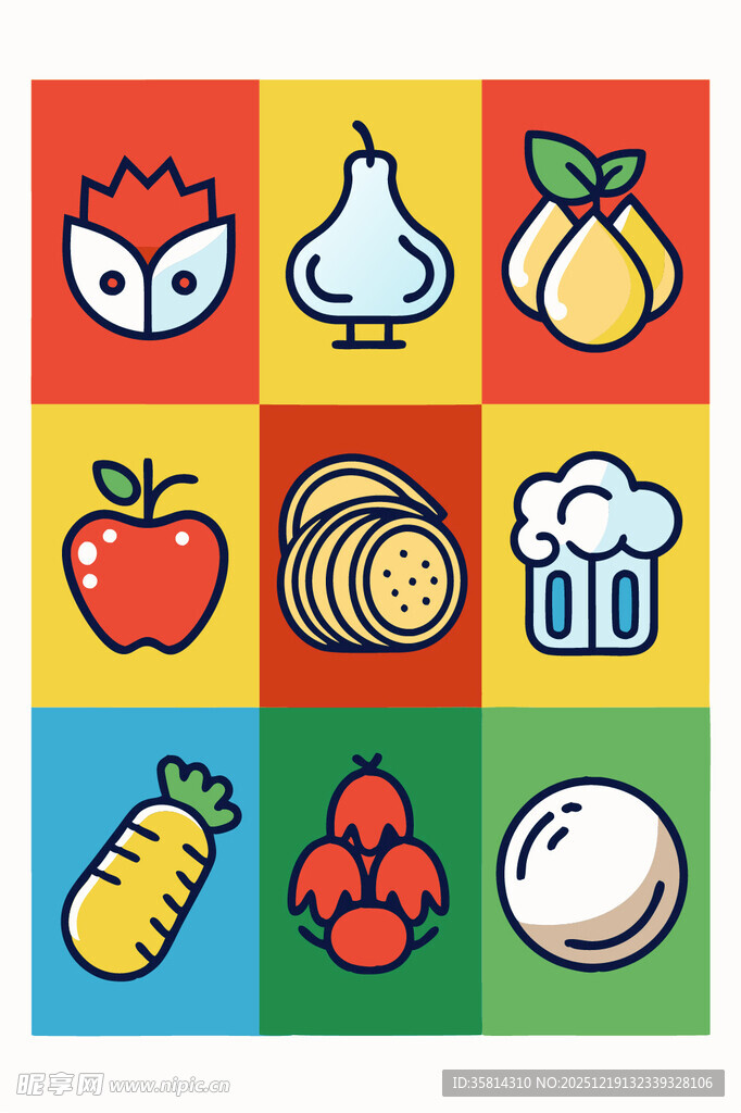 多彩果蔬与饮品图标集合