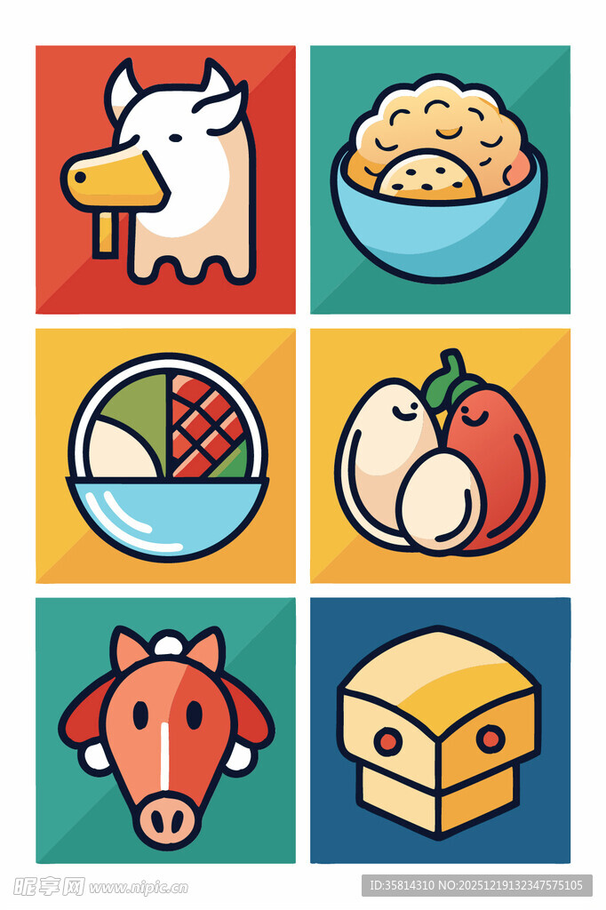 多彩食物与动物图标集合