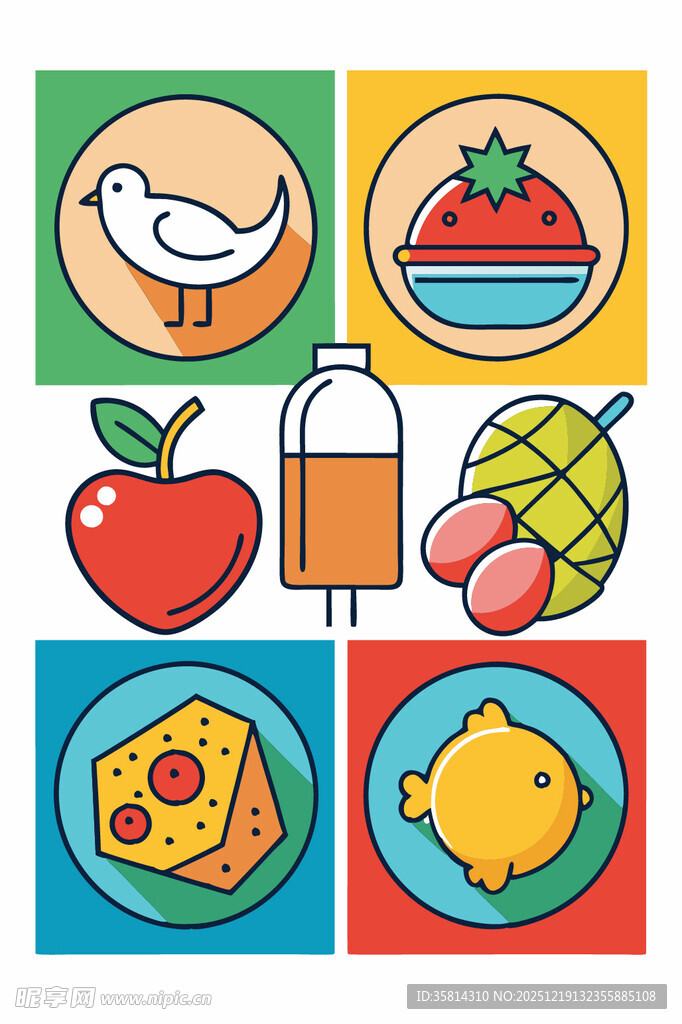 多彩美食与动物图标集