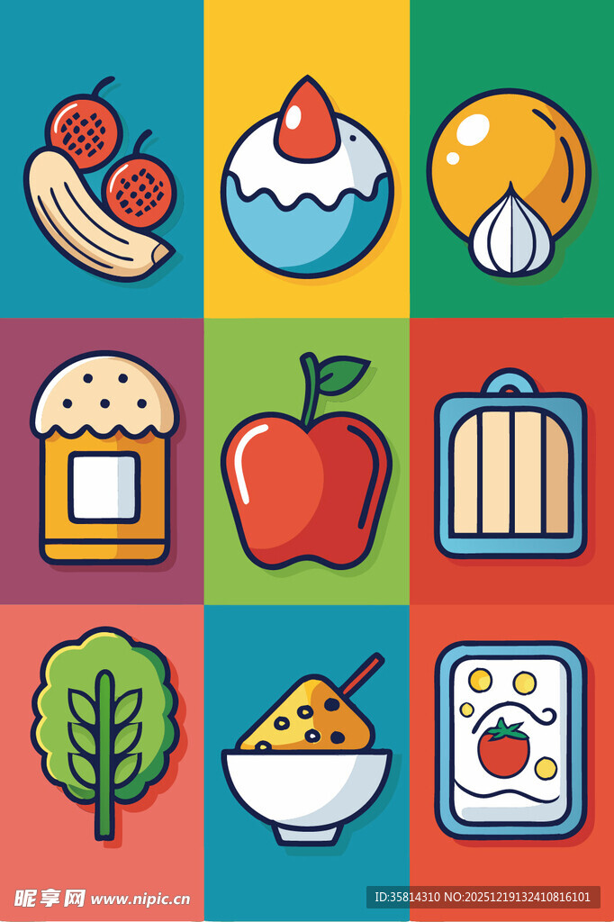 多彩食物与自然图标集合