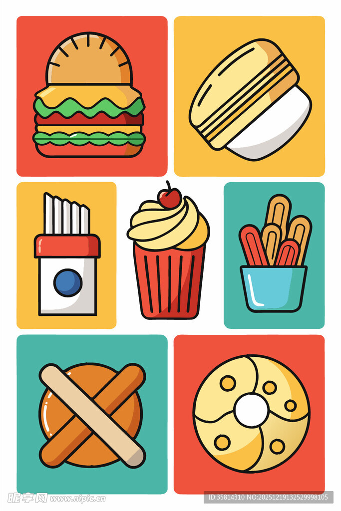 多彩美味快餐图标集合