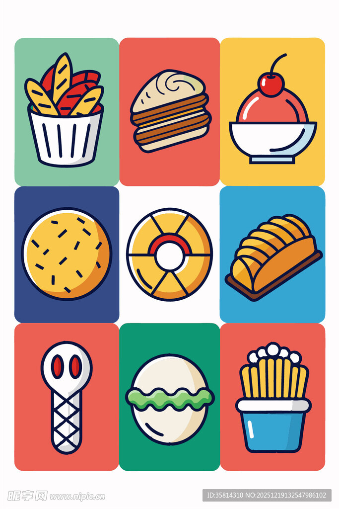 多彩美味小吃图标集合