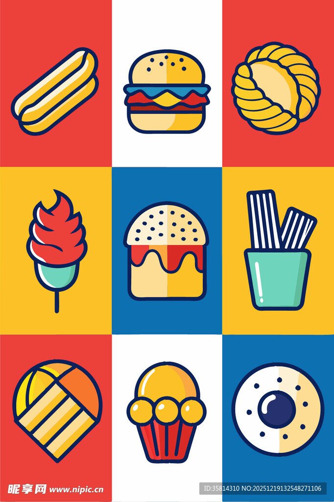 多彩美味的卡通风格食物图标