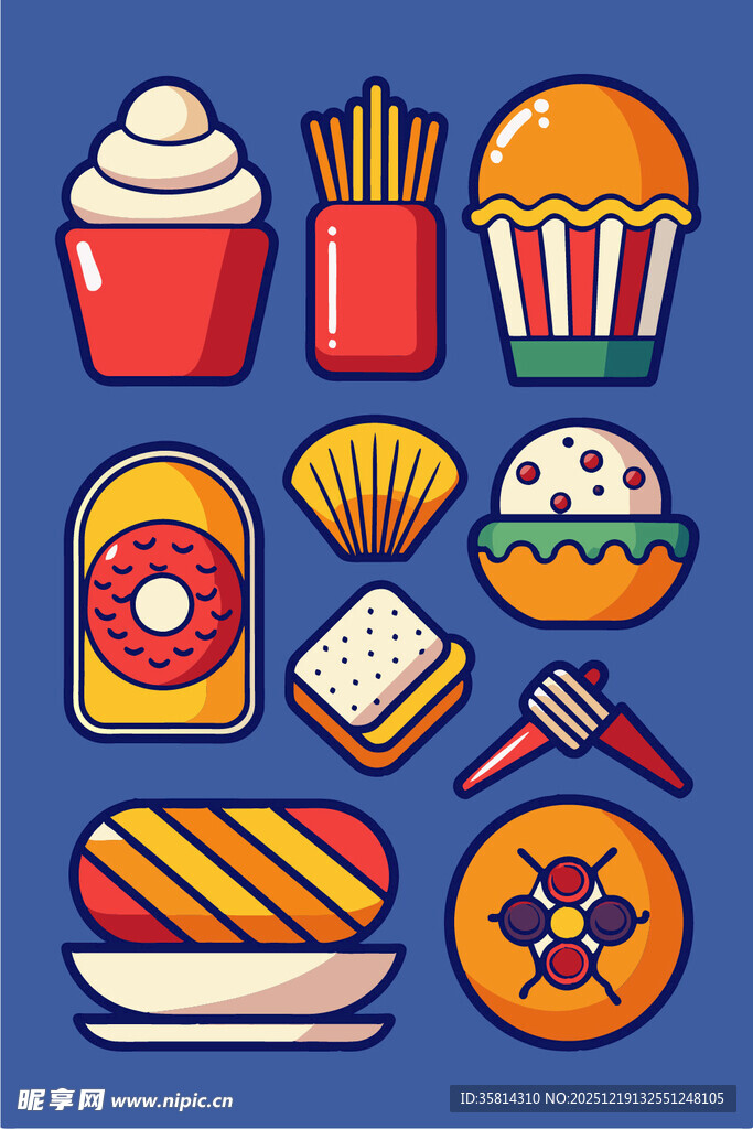 多彩卡通风格的美味食物集