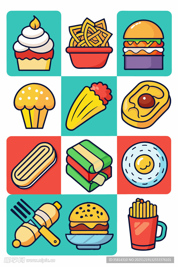 多彩卡通风格的美味食物
