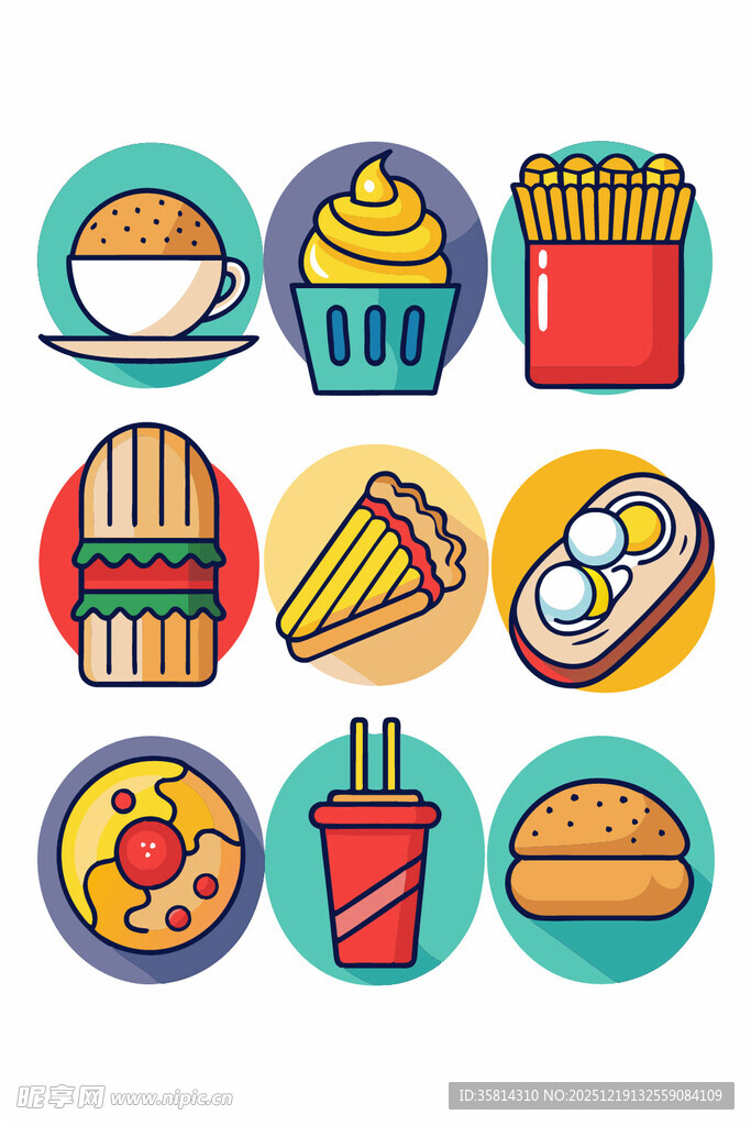 多彩美味快餐图标集合