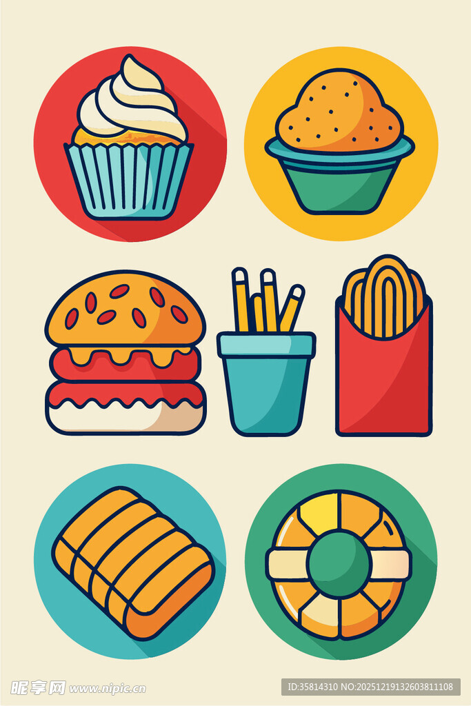 多彩美味快餐图标集合