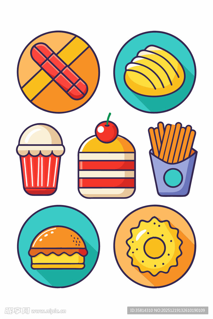 多彩卡通风格美味快餐图标