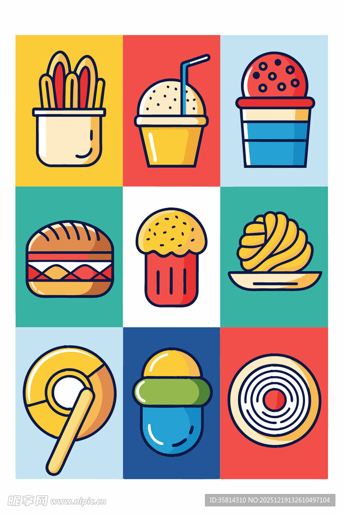 多彩卡通风格美味食物集