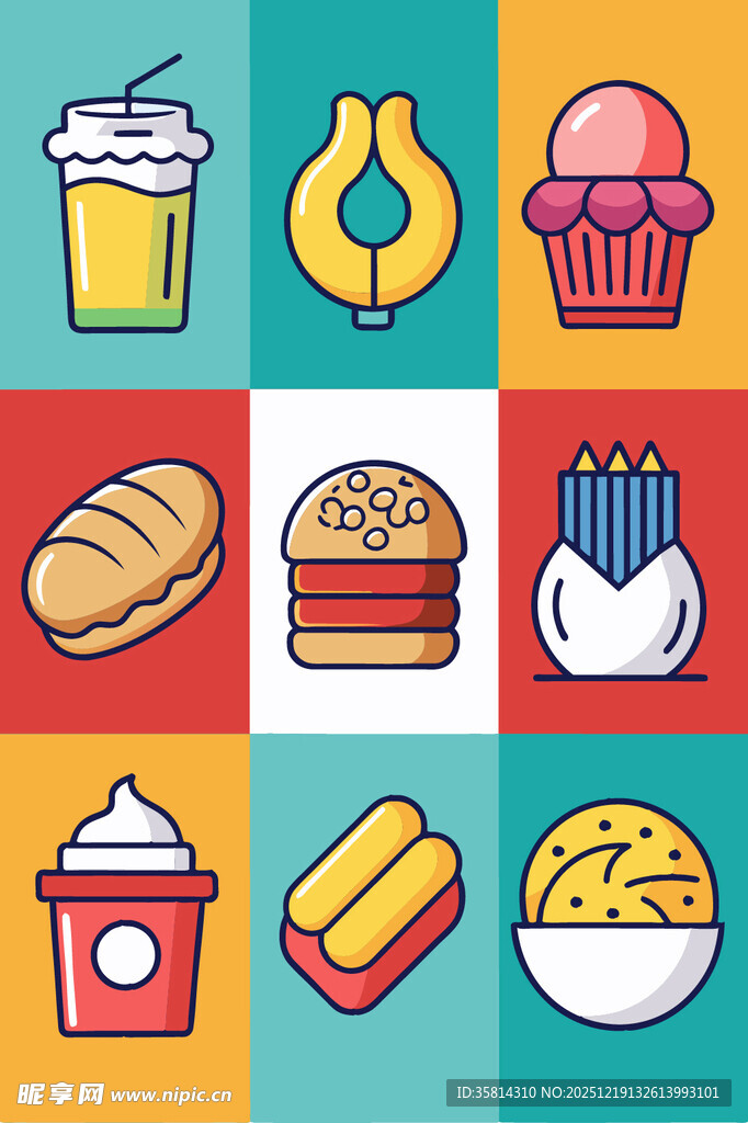 多彩美味快餐图标集合