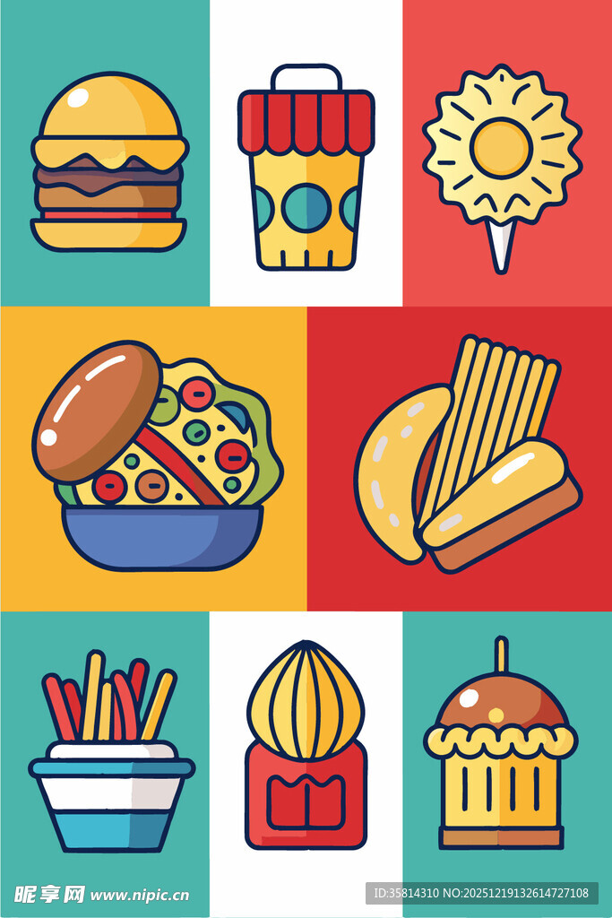 多彩美味的各式快餐图标
