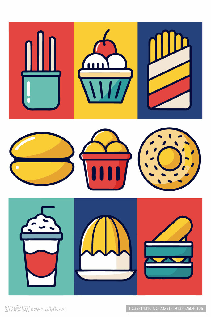 多彩美味快餐图标集合