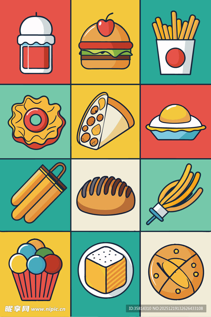 多彩美味快餐图标集合