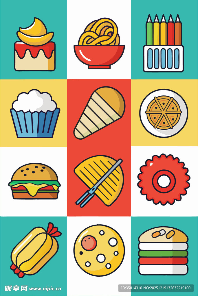 多彩卡通风格美食图标集