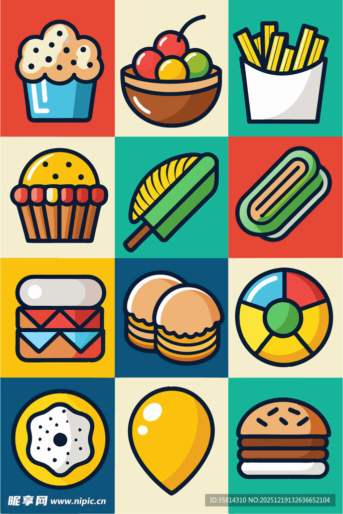 多彩美味食物图标集合