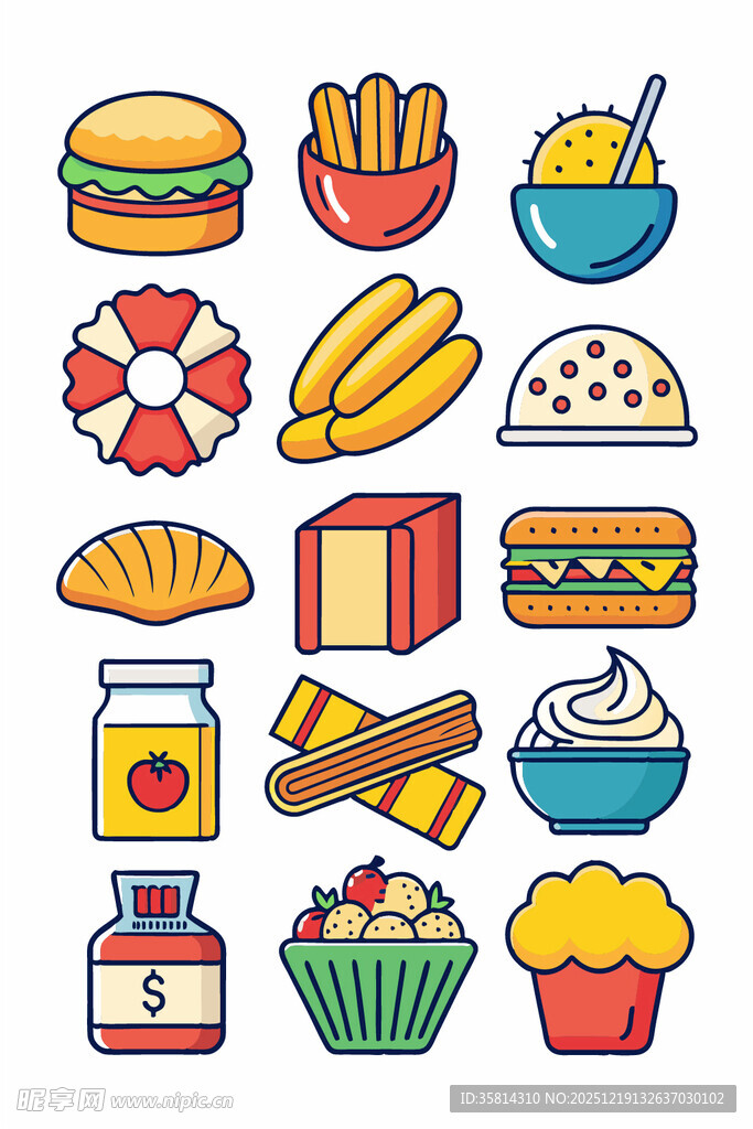 多彩美味的各式食物图标