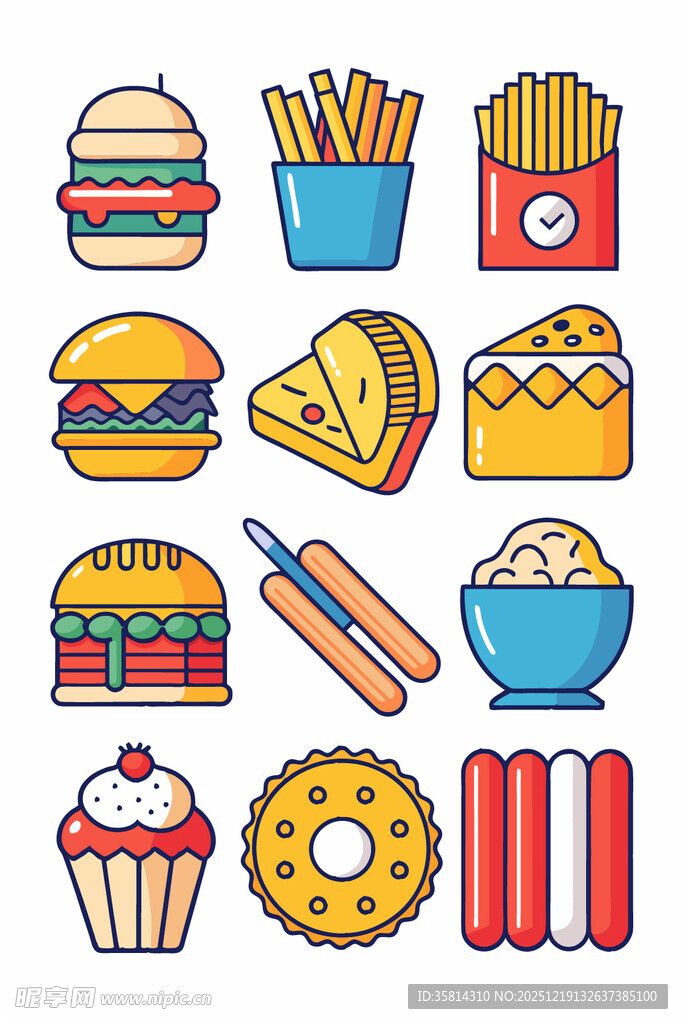 多彩美味快餐图标集合