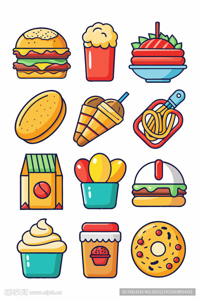 多彩美味的各式快餐图标