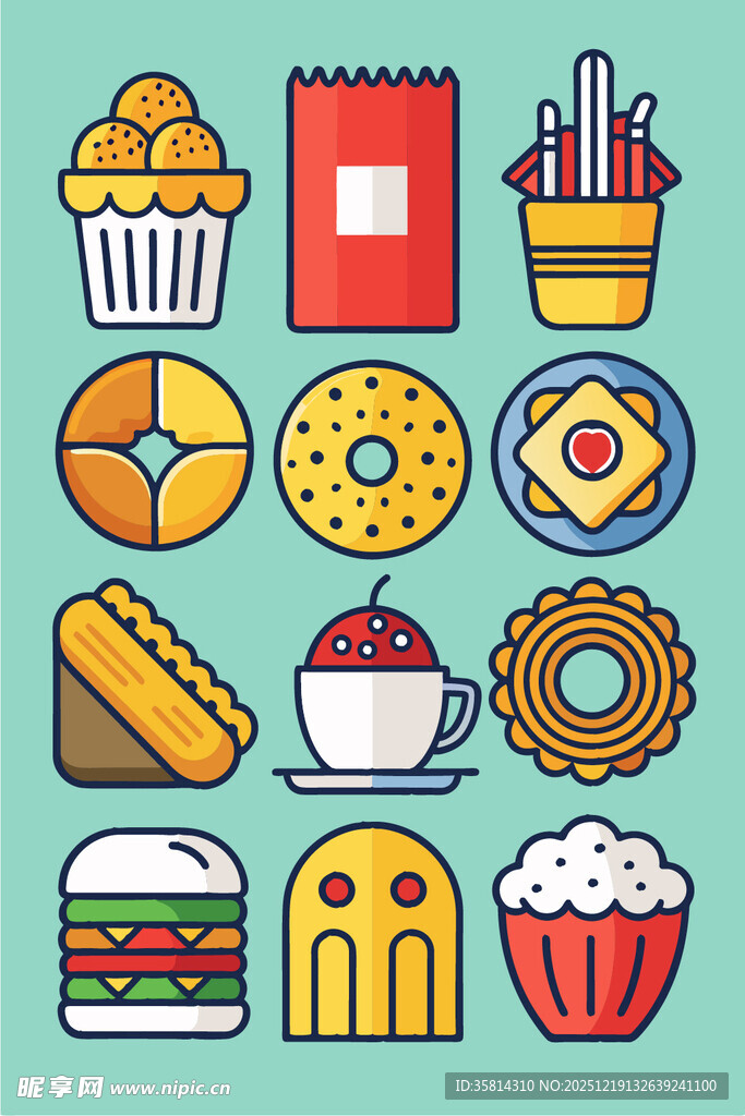 多彩美味的各式快餐图标