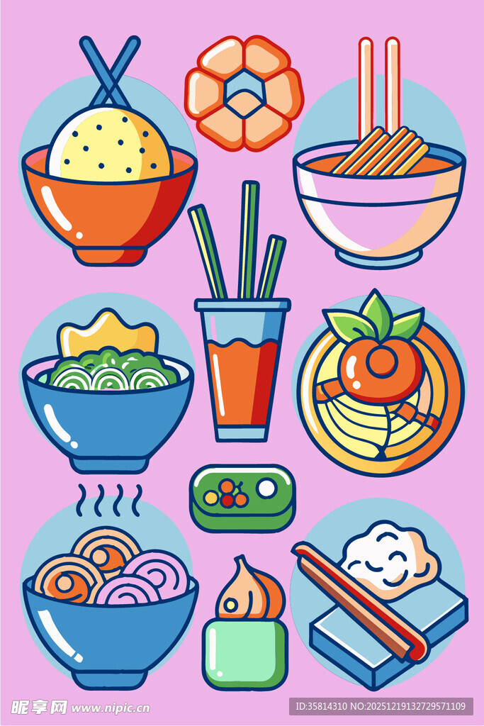 多彩卡通风格亚洲美食集合