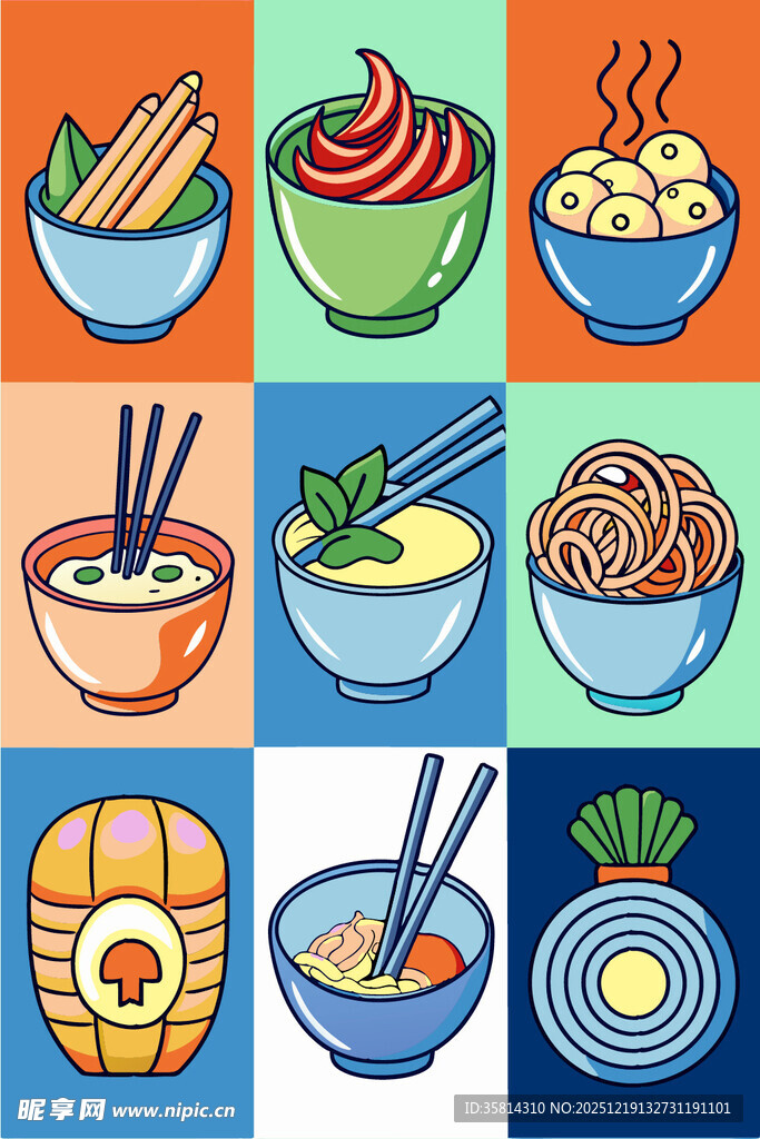 多彩中式面食插画