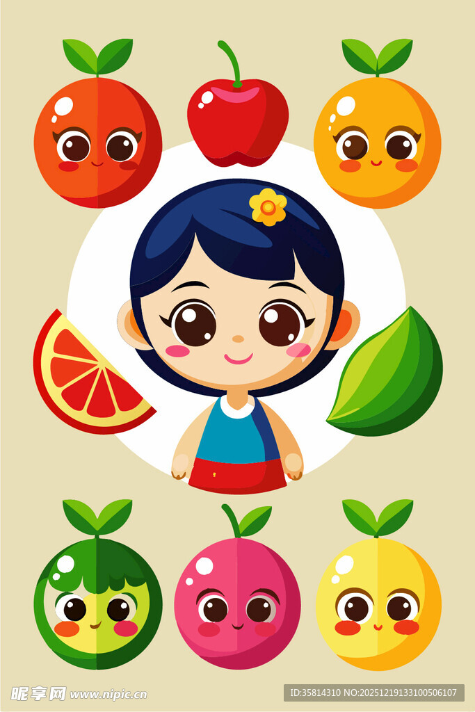 可爱女孩与缤纷水果