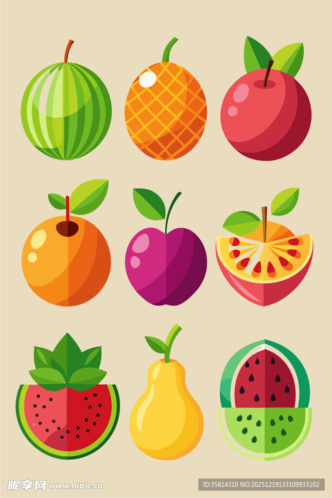 多彩新鲜水果图标集合