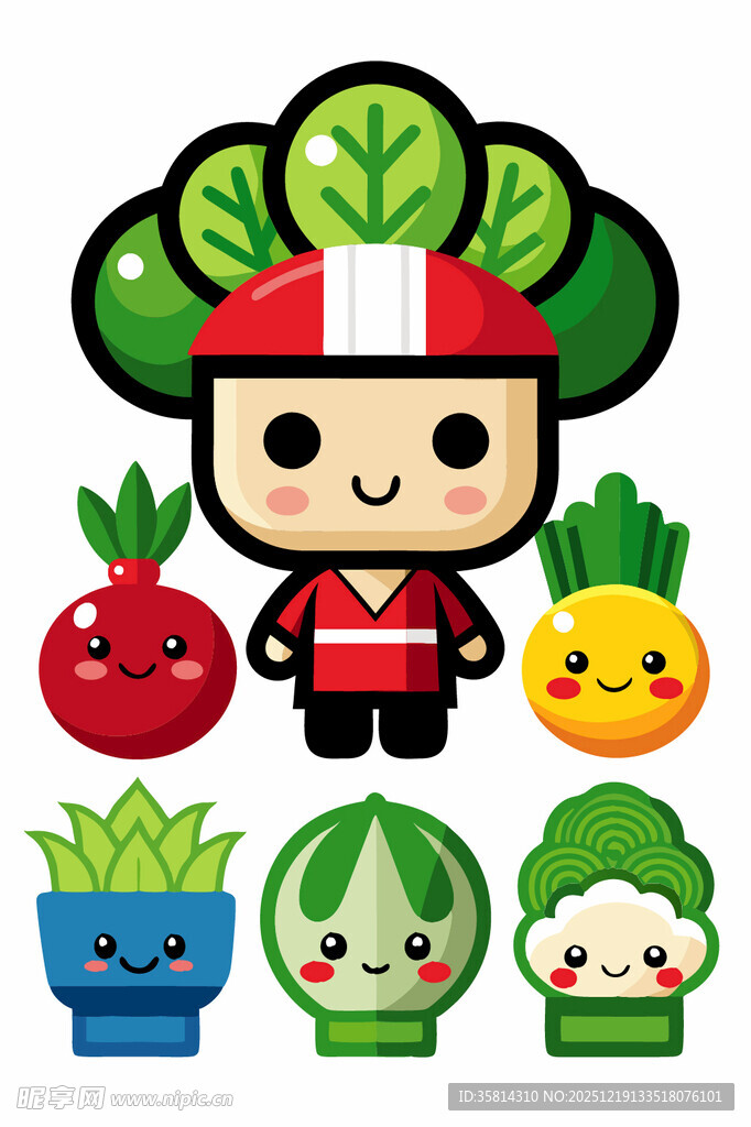 卡通厨师与多样蔬菜水果