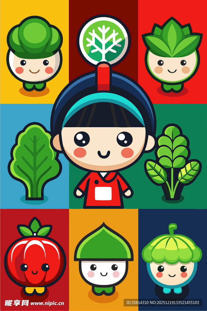 卡通蔬菜与可爱角色组合