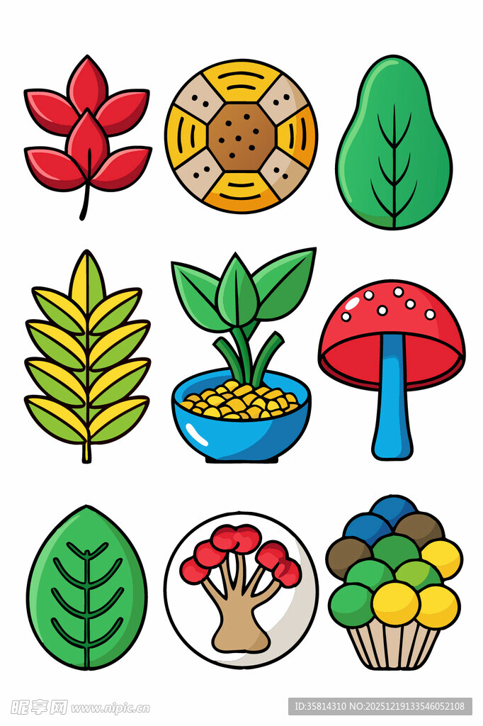 多彩植物与蘑菇图标集合