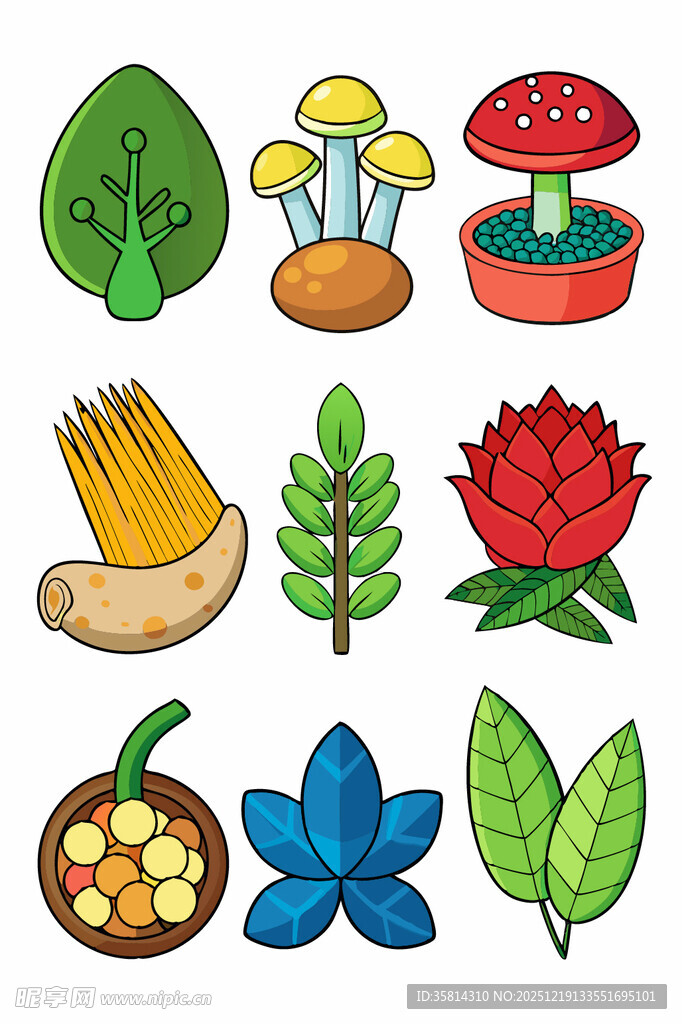 多样植物与菌类插画素材