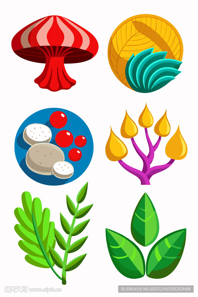 多彩植物与蘑菇图标集合