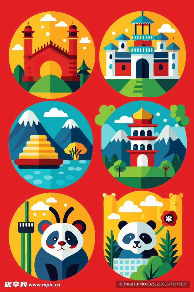 各地风景与熊猫图标集合