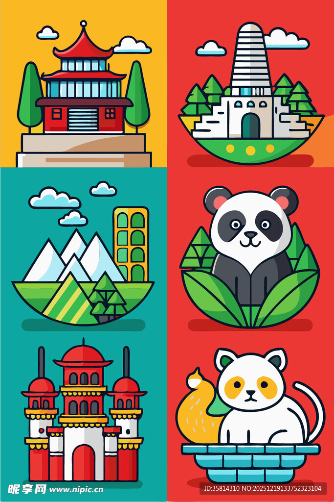 中国风建筑与萌宠插画