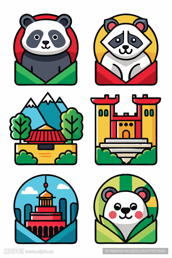 熊猫与中国地标元素图标集
