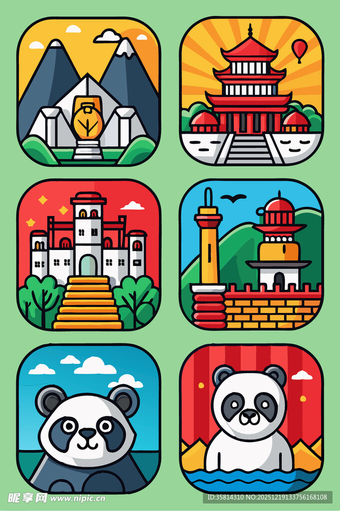中国特色景点与萌宠图标
