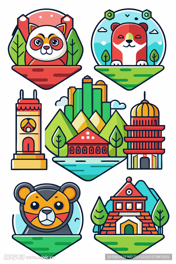 可爱城市与动物主题图标集