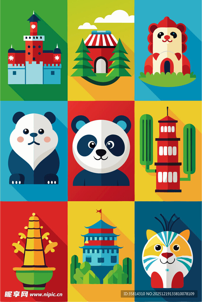 多彩亚洲元素卡通图案