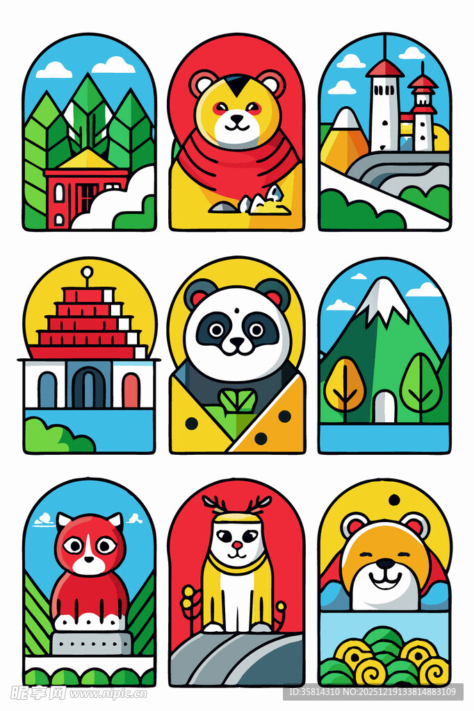 动物与地标建筑卡通图案