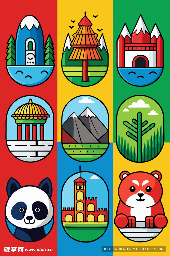 多彩世界地标与可爱动物