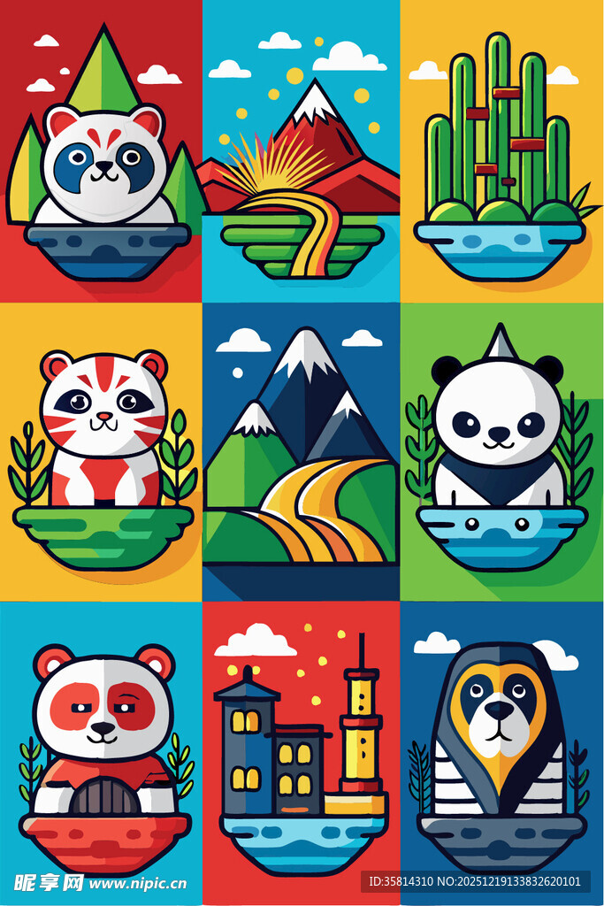 熊猫主题多彩插画元素集