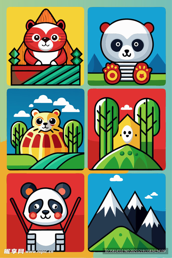 可爱动物与自然风景插画