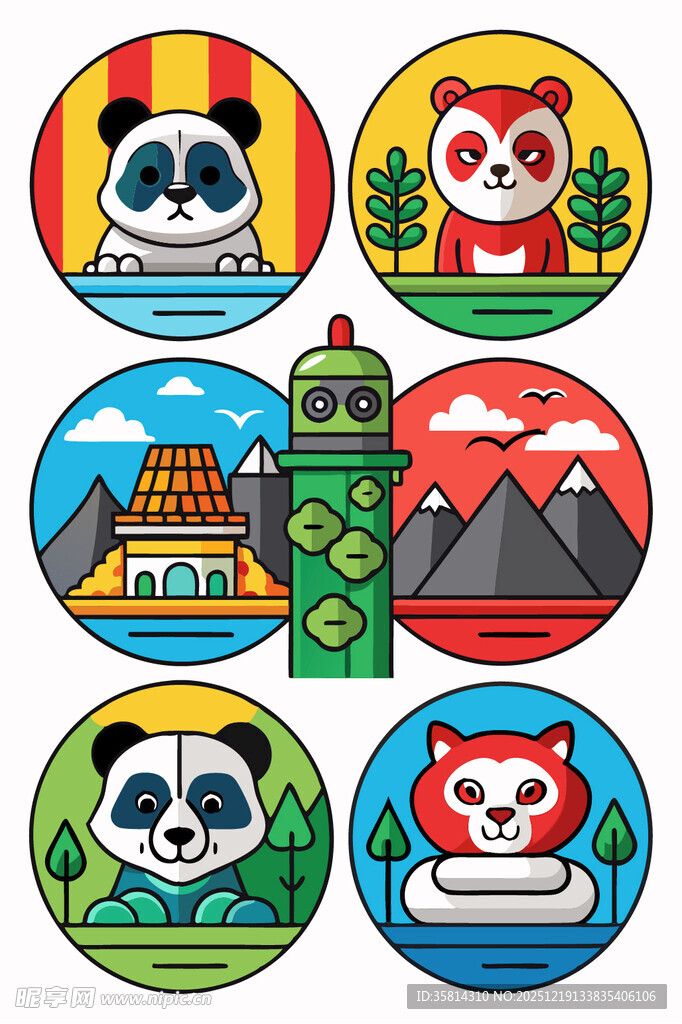 熊猫主题旅游地标图标集